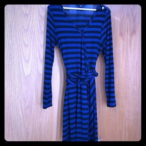 Nautical-style Blue/Black Striped Wrap Dress.
